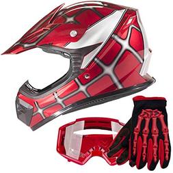 Youth Kids Offroad Gear Combo Helmet Gloves Goggles DOT Moto