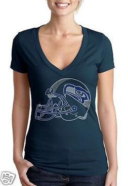 Rhinestone "SEAHAWKS HELMET" Next Level Woman CVC V-neck Tee